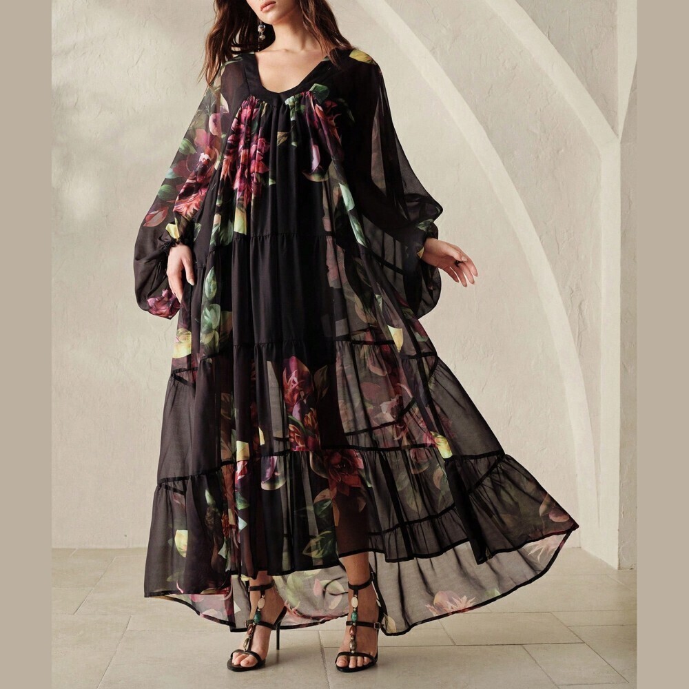 Black Floral Print Sheer Chiffon V-Neck Balloon Sleeve Tiered Maxi Dress
